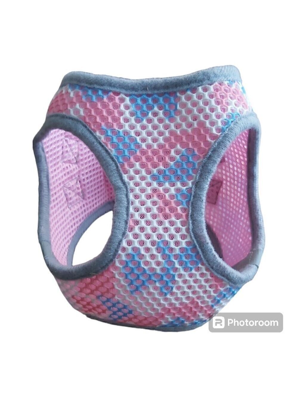 XS Pink/Blue/White Dog Harness with Safety Lock, Hook and Loop Closure, Dbl Loop